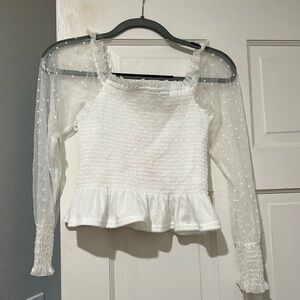 Fashion on Earth White Top with Mesh Polka Dot Sleeves Medium